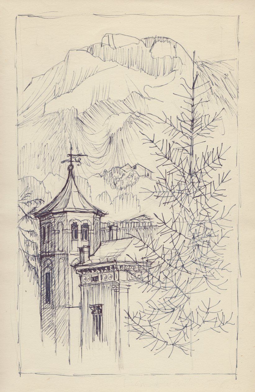 Kirke og fjell, Italia, c1950. av Shirley Markham