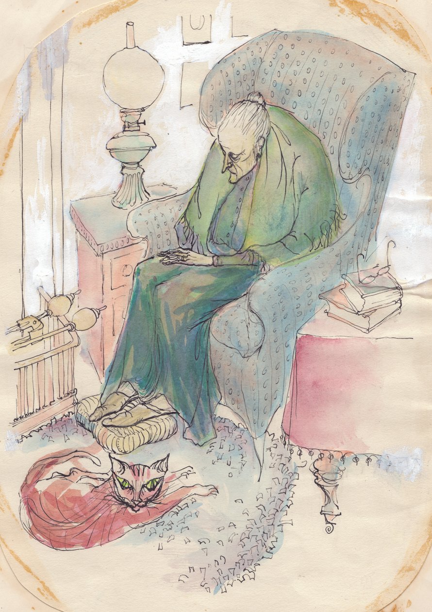 Gammel kvinne og katt, 1951. av Shirley Markham