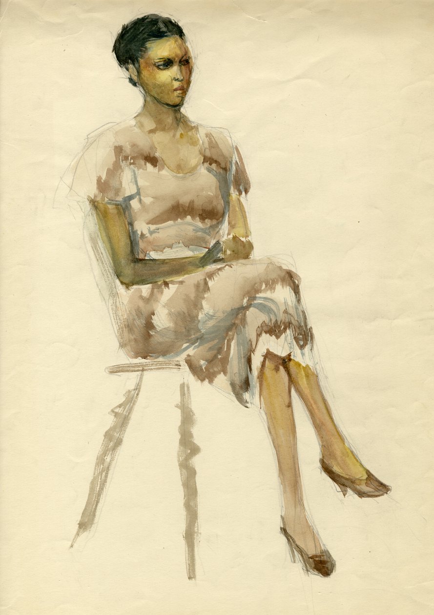 Sittende kvinne i brun kjole, c1952. av Shirley Markham