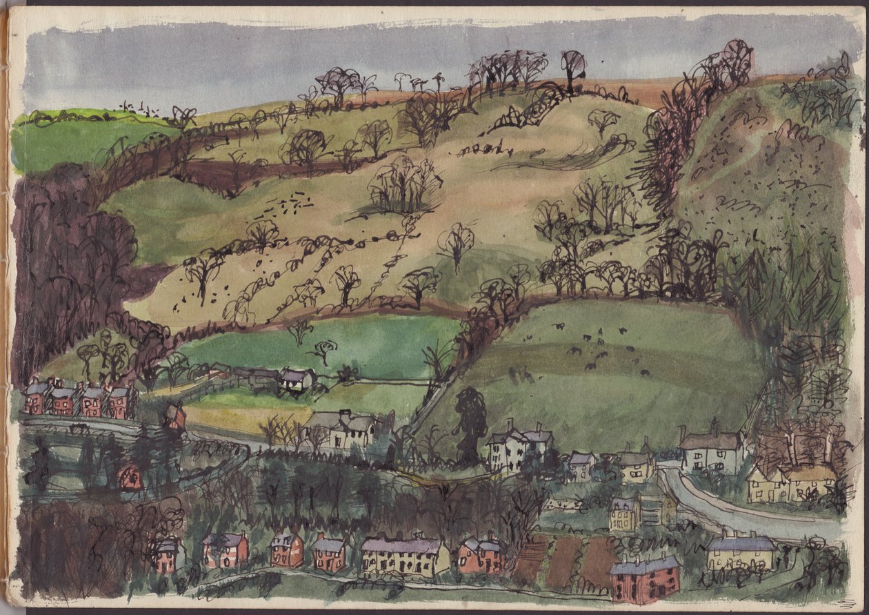 Landsby og mark, c1950. av Shirley Markham
