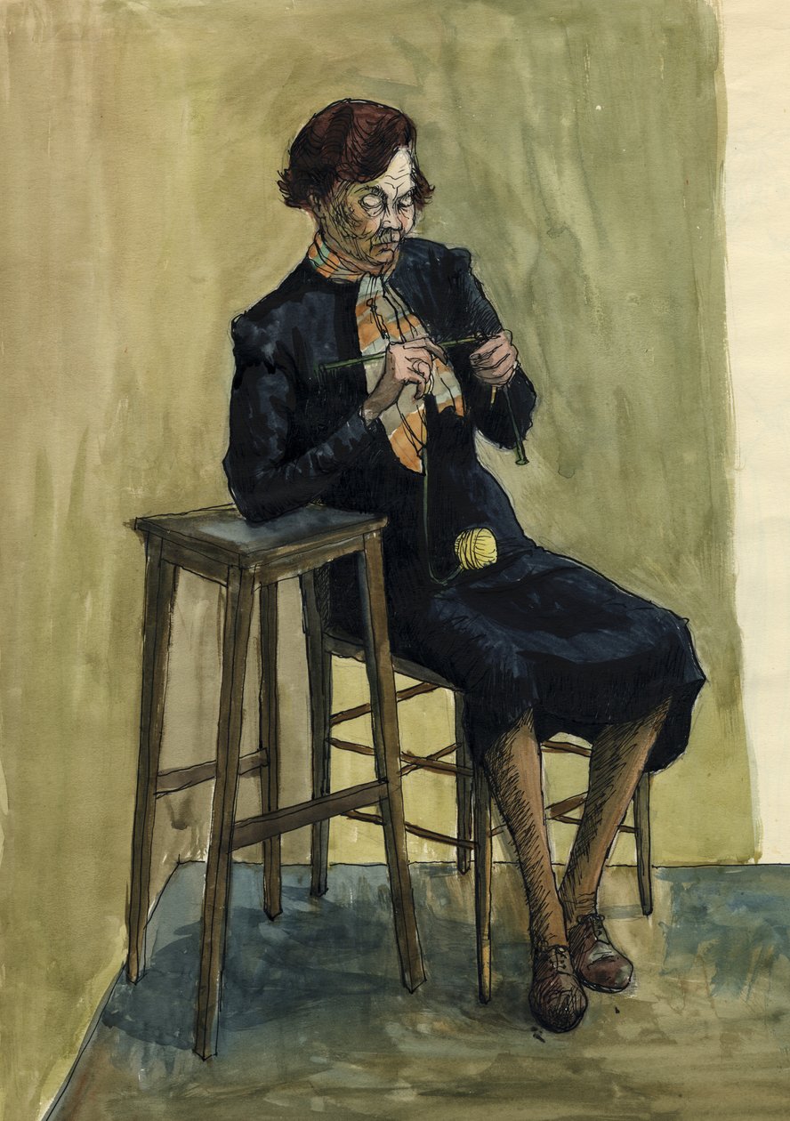 Kvinne strikker, c1950. av Shirley Markham