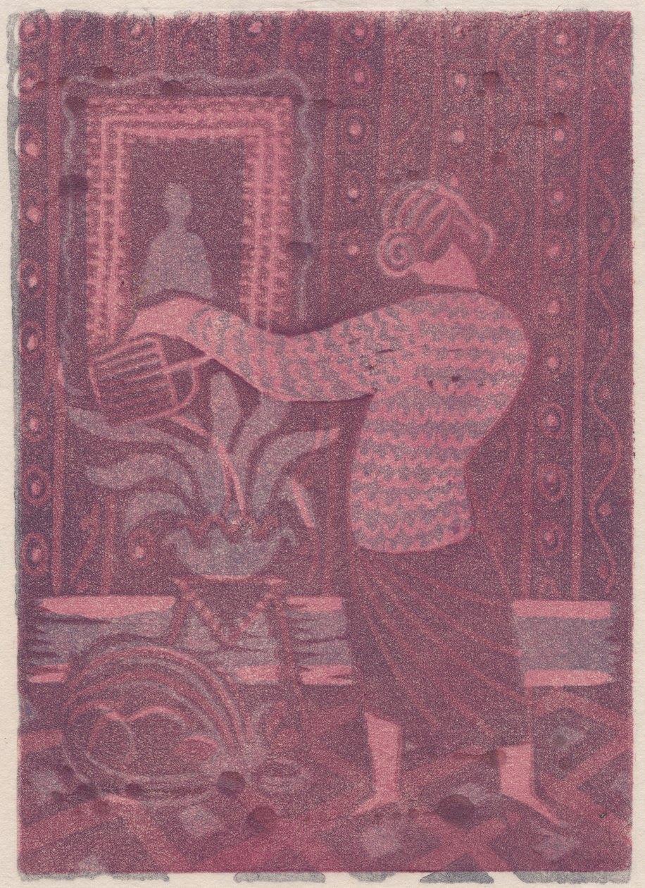 Kvinne som vanner planter, c1951. av Shirley Markham