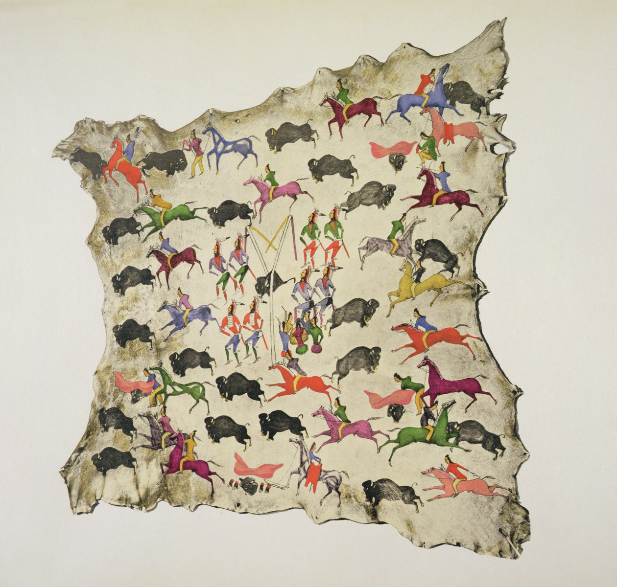 Bøffeljakt (pigment på elgskinn) av Shoshone Katsikodi School
