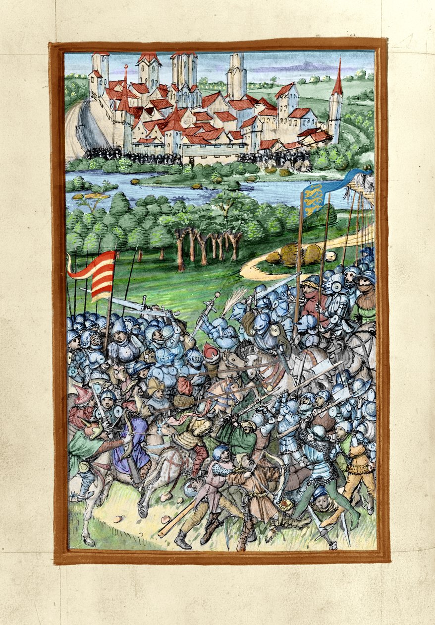 HB V 52 fol. 70v illustrasjon av slaget ved Lechfeld, fra Augsburg Chronicle, 1457 (farget versjon av 293598) av Sigismund Meisterlin