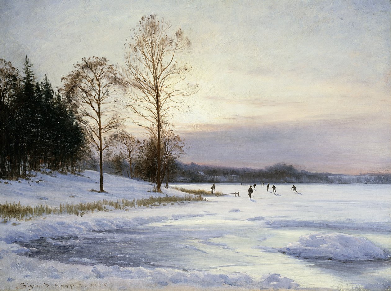 Skatere på en frossen dam av Sigvard Hansen