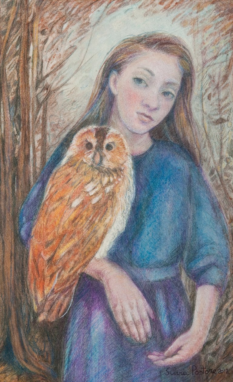 Girl with Owl, 2012 (wc og pastell på papir) av Silvia Pastore