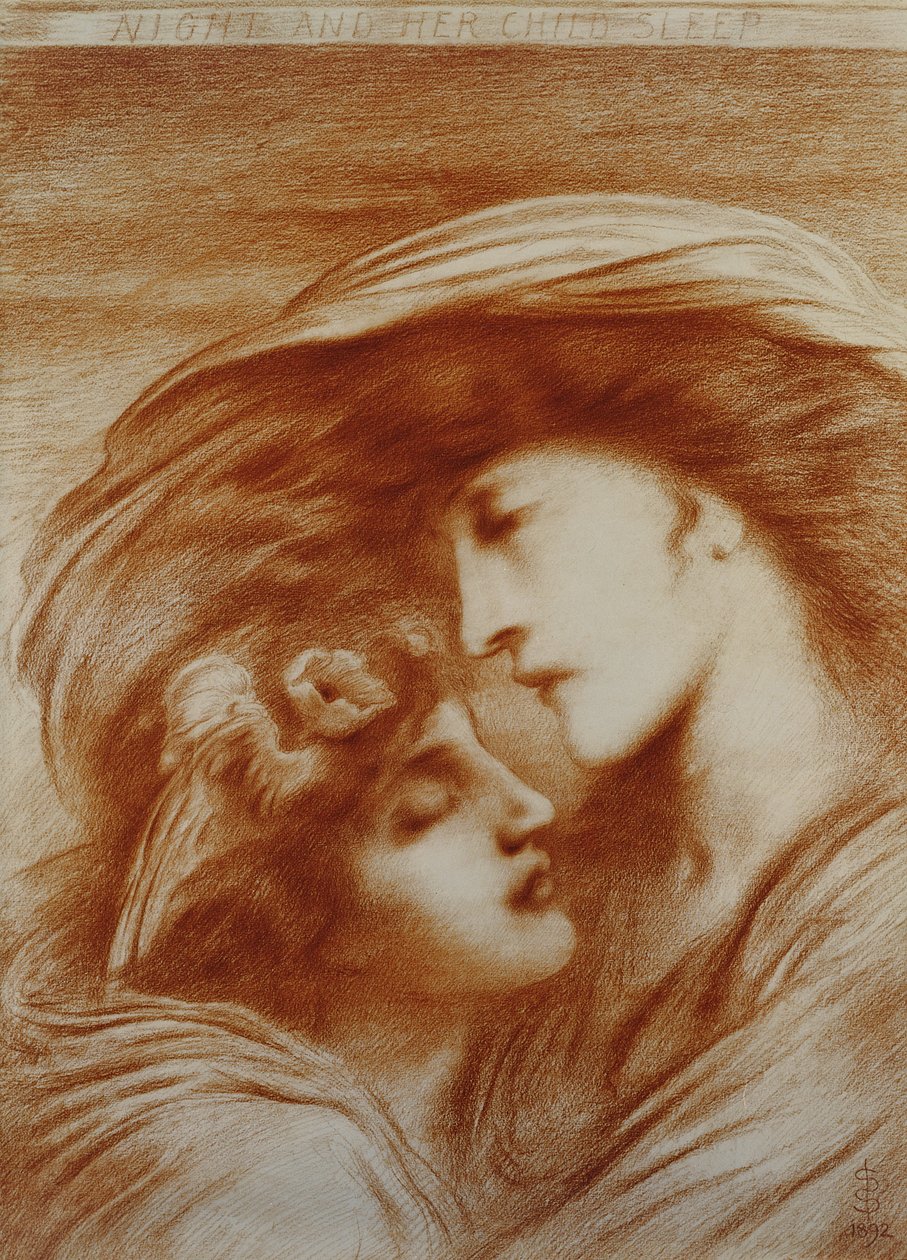 Night and Her Child Sleep, 1892 (rødt kritt på papir) av Simeon Solomon