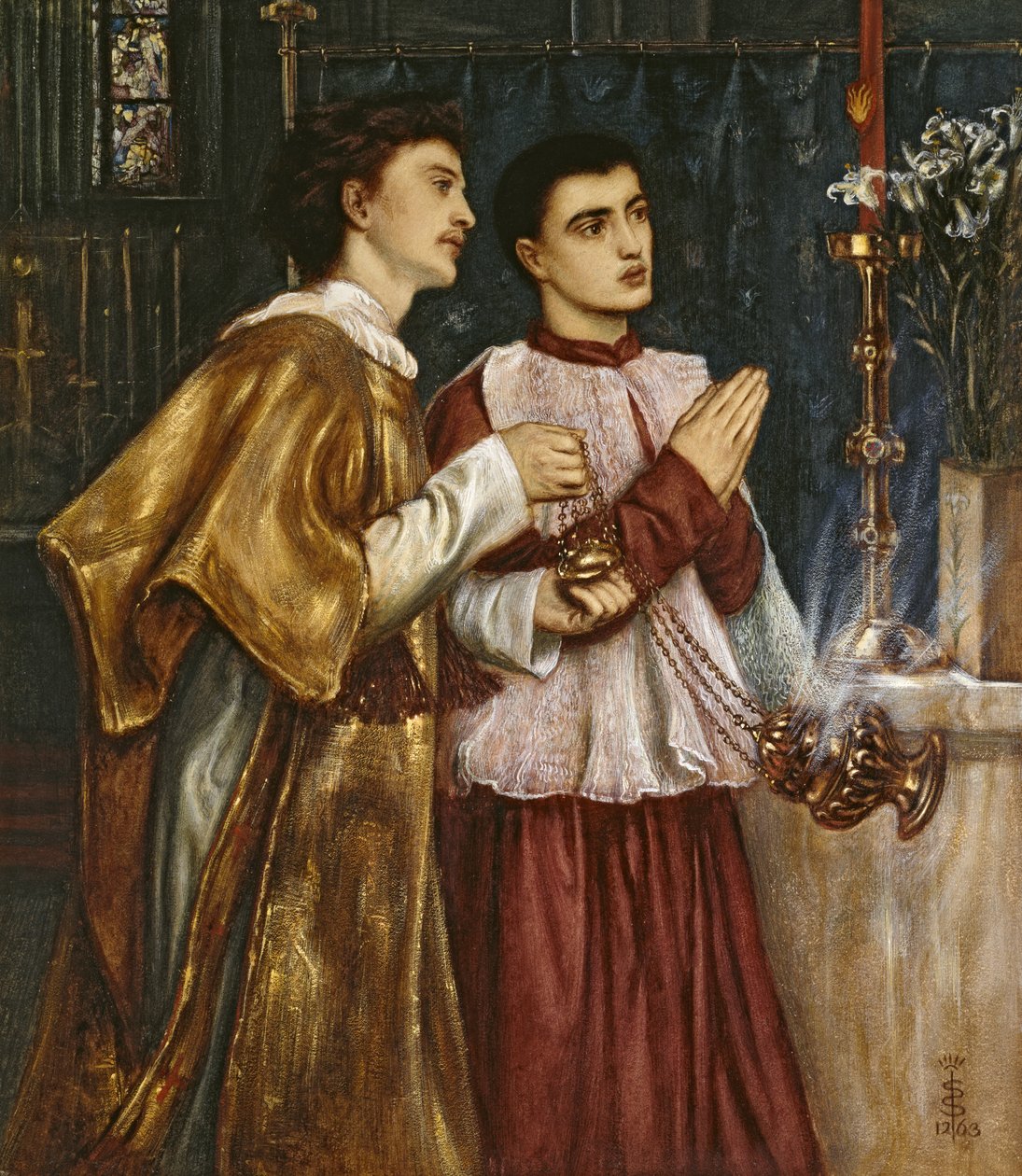 Two Acolytes Censing: Pentecost (kroppsfarge på papir montert på lerret) av Simeon Solomon