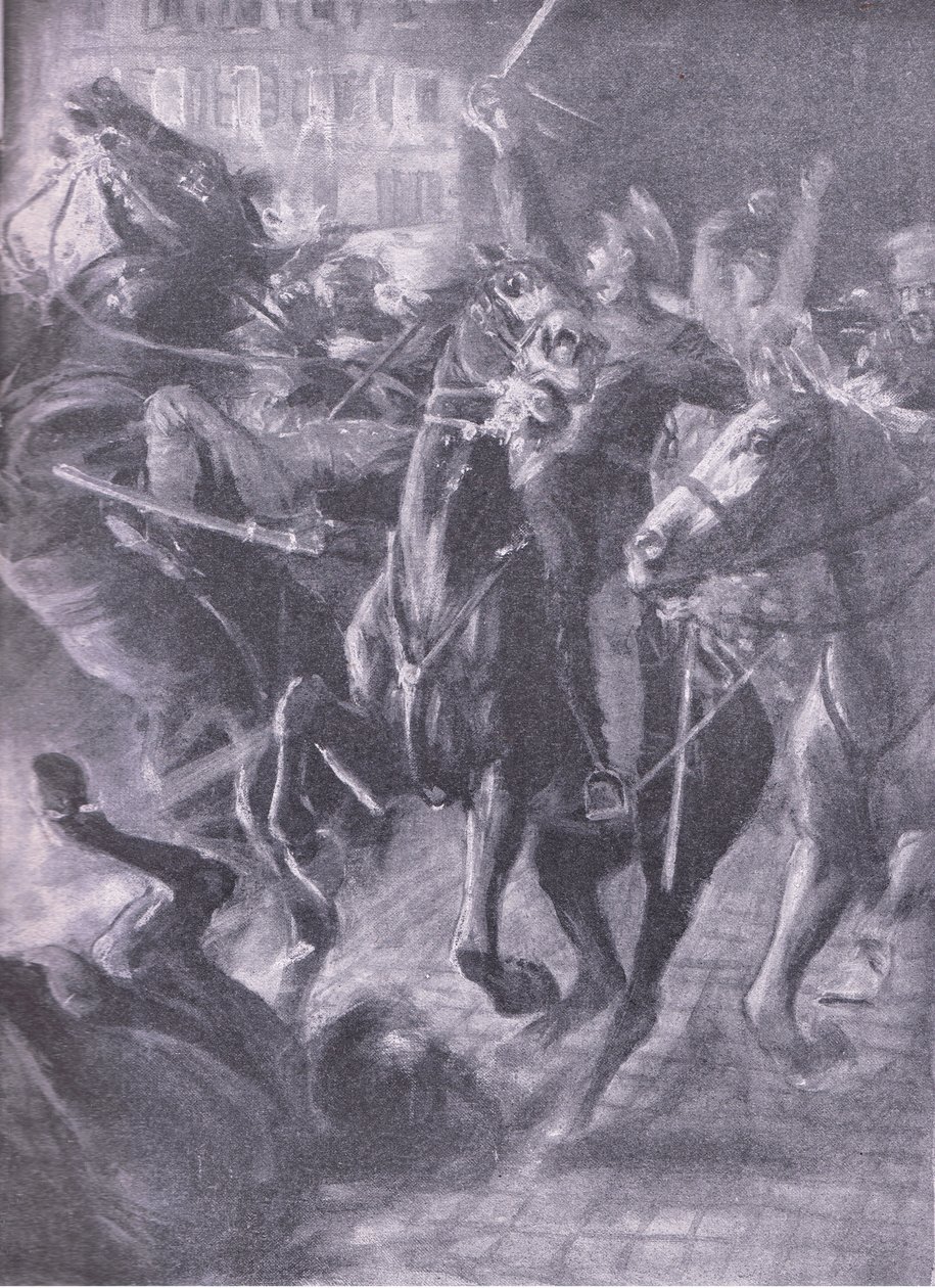 En nattangrep av britisk kavaleri under den feiende bevegelsen i oktober 2014, fra History of the Great War Vol 3 utgitt av Waverley Book Co Limited, ca. 1920 av Simon Harmon Vedder
