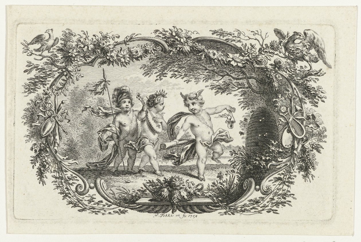 Tre putti ved en bikube av Simon Fokke