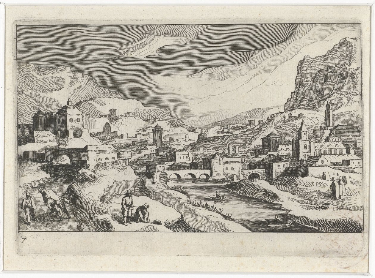 Bybilde i en elvedal Sør-europeiske landskap (serietittel) Topographia variarum regionum (serietittel) av Simon Frisius