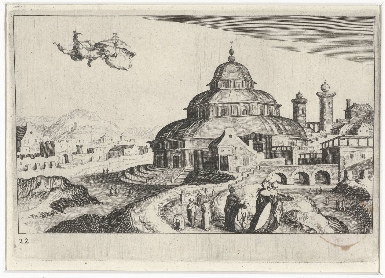 Bybilde med Merkur Sør-europeiske landskap (serietittel) Topographia variarum regionum (serietittel) av Simon Frisius