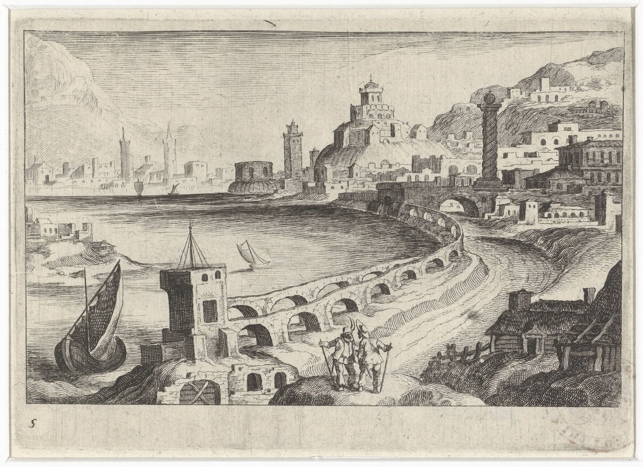 Bybilde med en akvedukt Sør-europeiske landskap (serietittel) Topographia variarum regionum (serietittel) av Simon Frisius