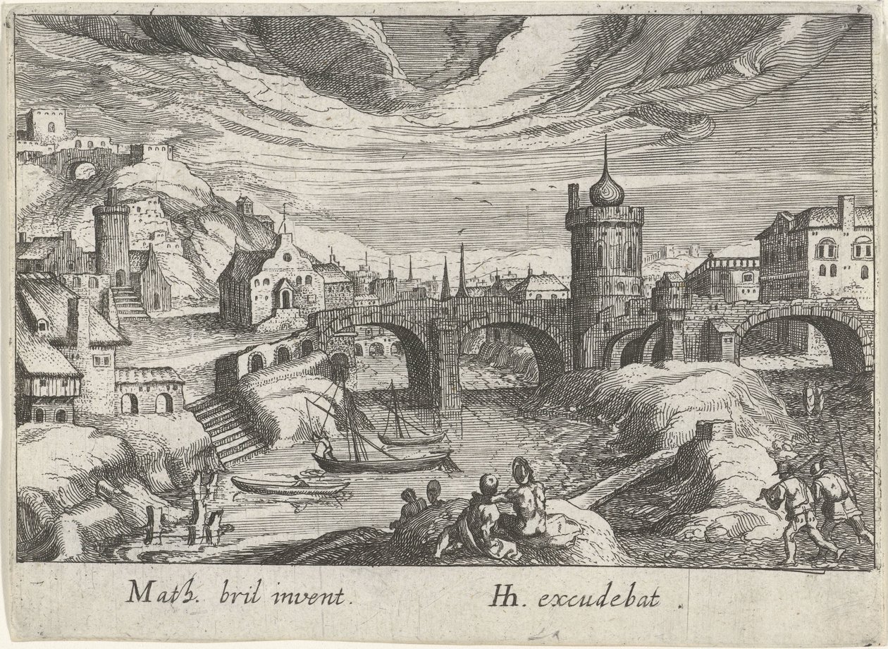 Bybilde med en elv Ulike landskap (serietittel) Topographia variarum regionum (serietittel) av Simon Frisius