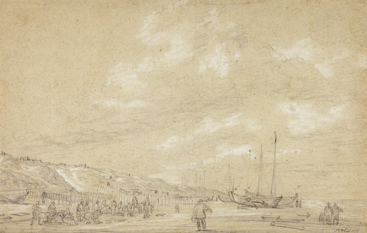 Fiskere tørker garn på Scheveningen-stranden av Simon Jacobsz. Vlieger