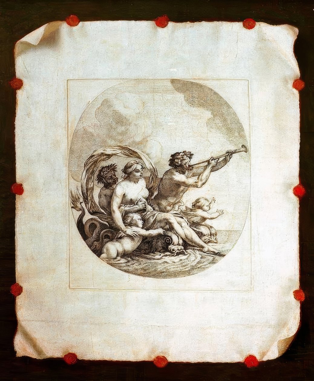 Trompe l’oeil med kobberstikk av Galatea av Simon Vouet