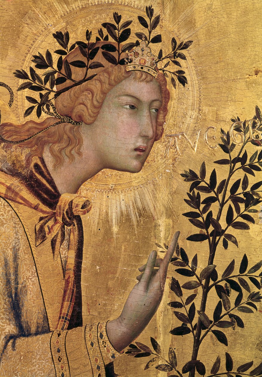 Bebudelsen med St. Margaret og St. Asano, detalj av erkeengelen Gabriel, 1333 (tempera på panel) (detalj av 50322) av Simone Martini
