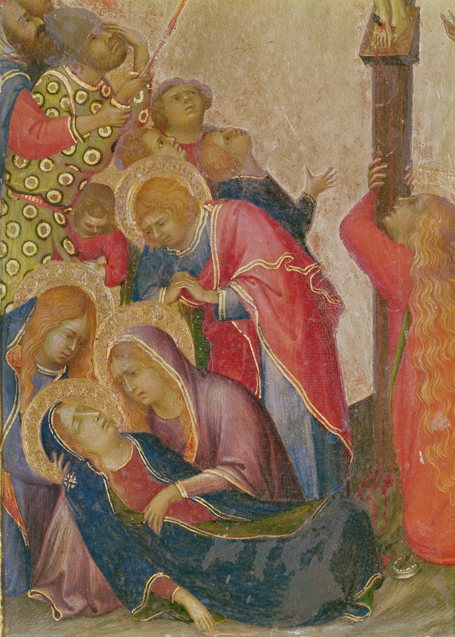The Strike of the Lance-detaljen til gruppen rundt Virgin-temperaet på panelet av Simone Martini
