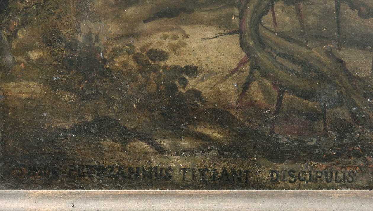Kunstnerens signatur, detalj av The Lamentation of Christ (detalj av 3704260) av Simone Veneziano Peterzano