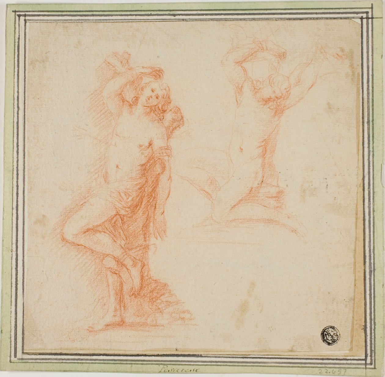 To skisser av Saint Sebastian av Simone Cantarini