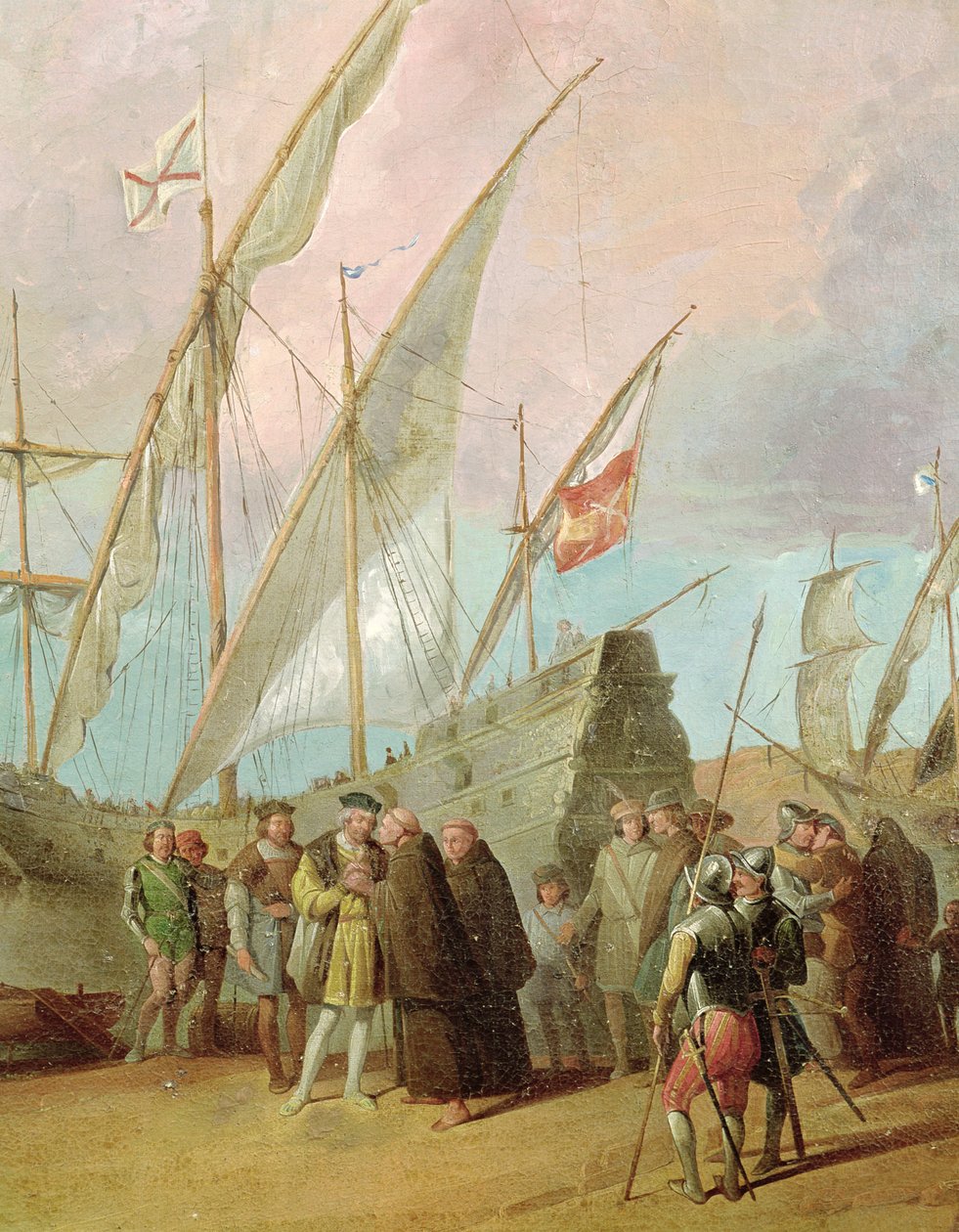 Avgang av Christopher Columbus (1451-1506) fra Palos, detalj om den sentrale gruppen (se også 161069) av Spanish School