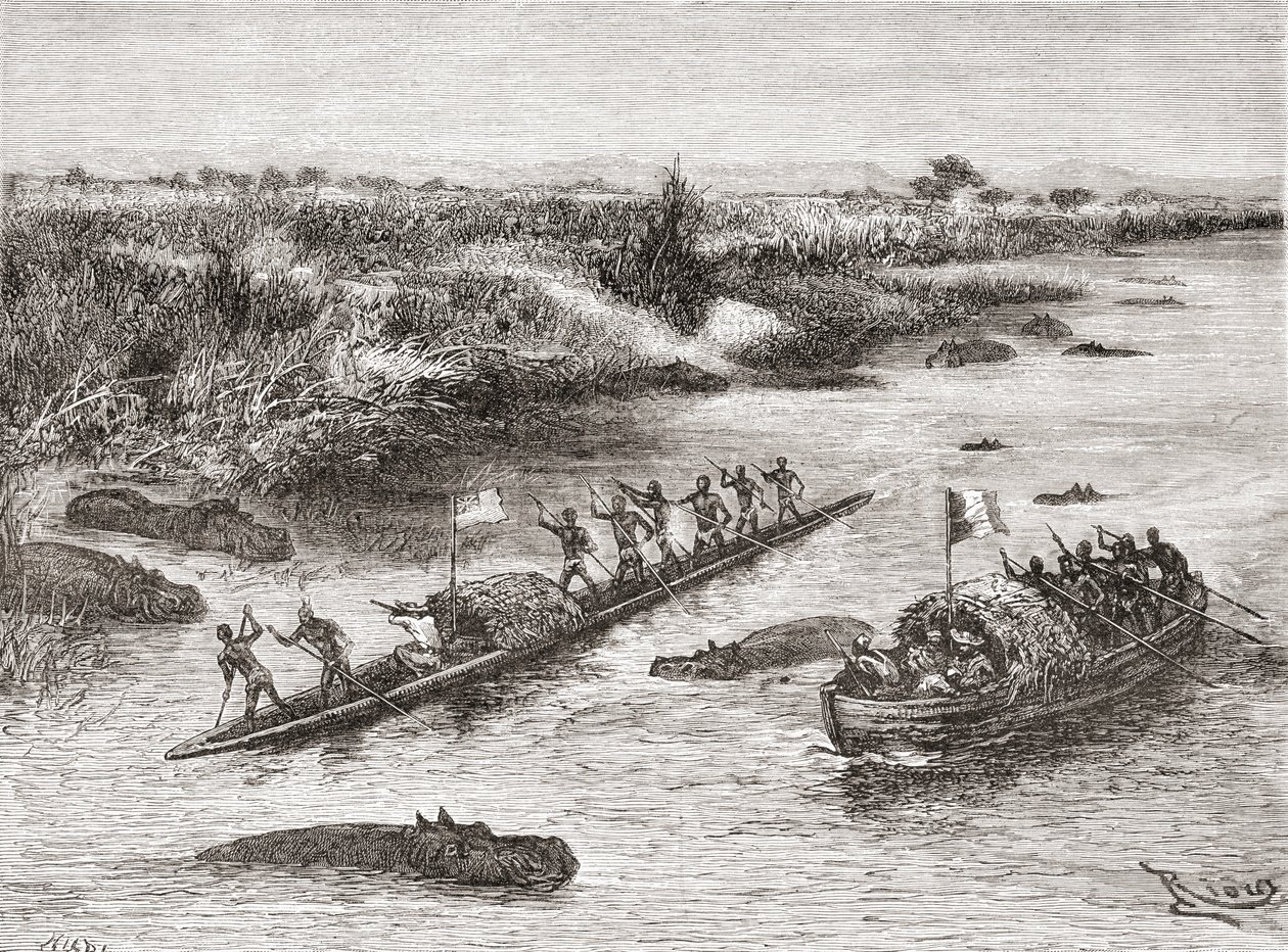 Franske og britiske oppdagere jakter på flodhest ved Kongo-elven på 1800-tallet, fra 