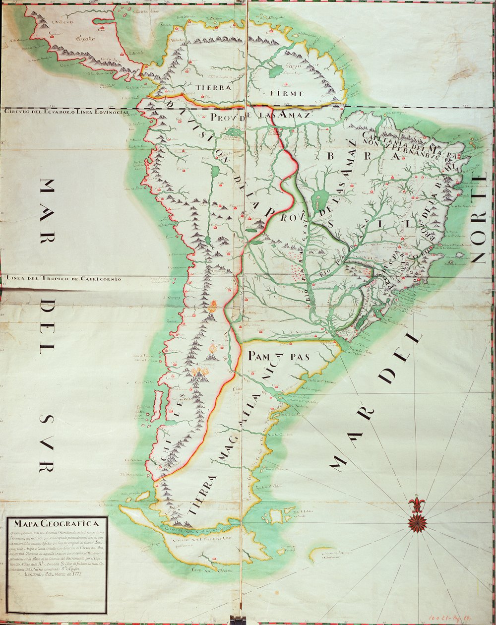 Kart over Sør-Amerika, 1777 (wc, gouache og penn og blekk på papir) av Spanish School