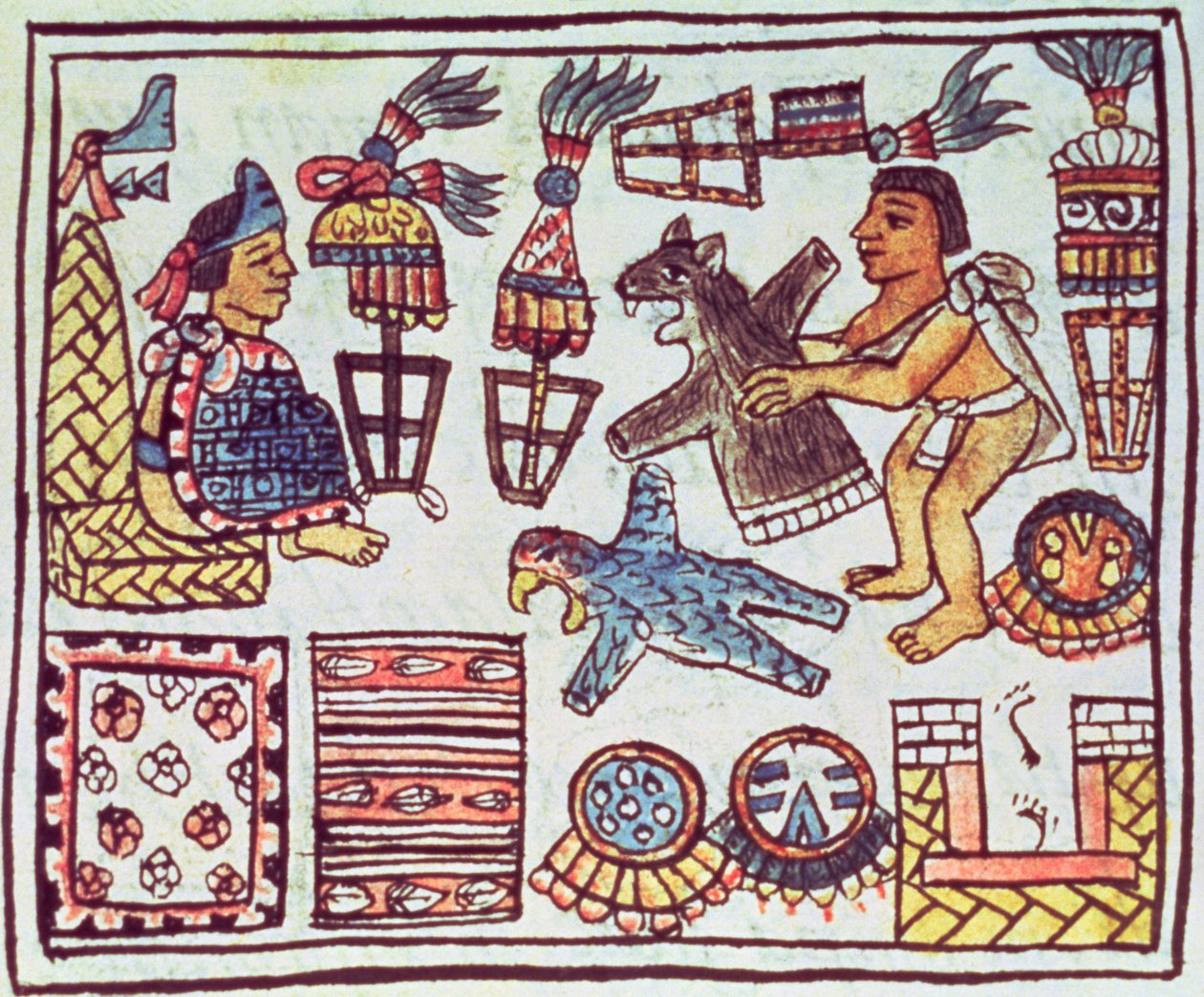 Fru Palat. 218-220 Bok IX Montezuma II (1466-1520) mottar hyllest, fra 'Florentiner Codex' av Bernardino de Sahagun, ca. 1540-85 av Spanish School