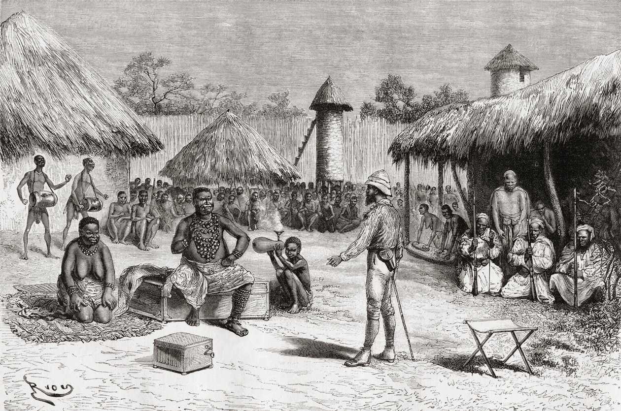 Mottak for oppdagelsesreisende Pietro Paolo Savorgnan di Brazza i sjef Ketimkurus hus, Uemba, Sentral-Afrika, fra 