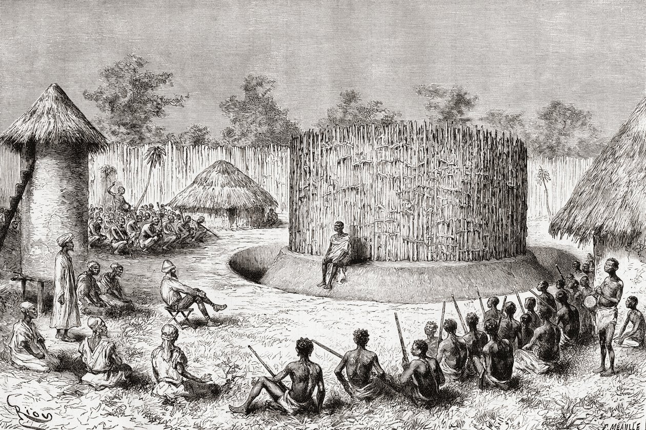 Mottak for oppdagelsesreisende Pietro Paolo Savorgnan di Brazza i landsbyen Chief Mkewe, Tanzania, fra 'Africa Pintoresca', utgitt 1888 av Spanish School
