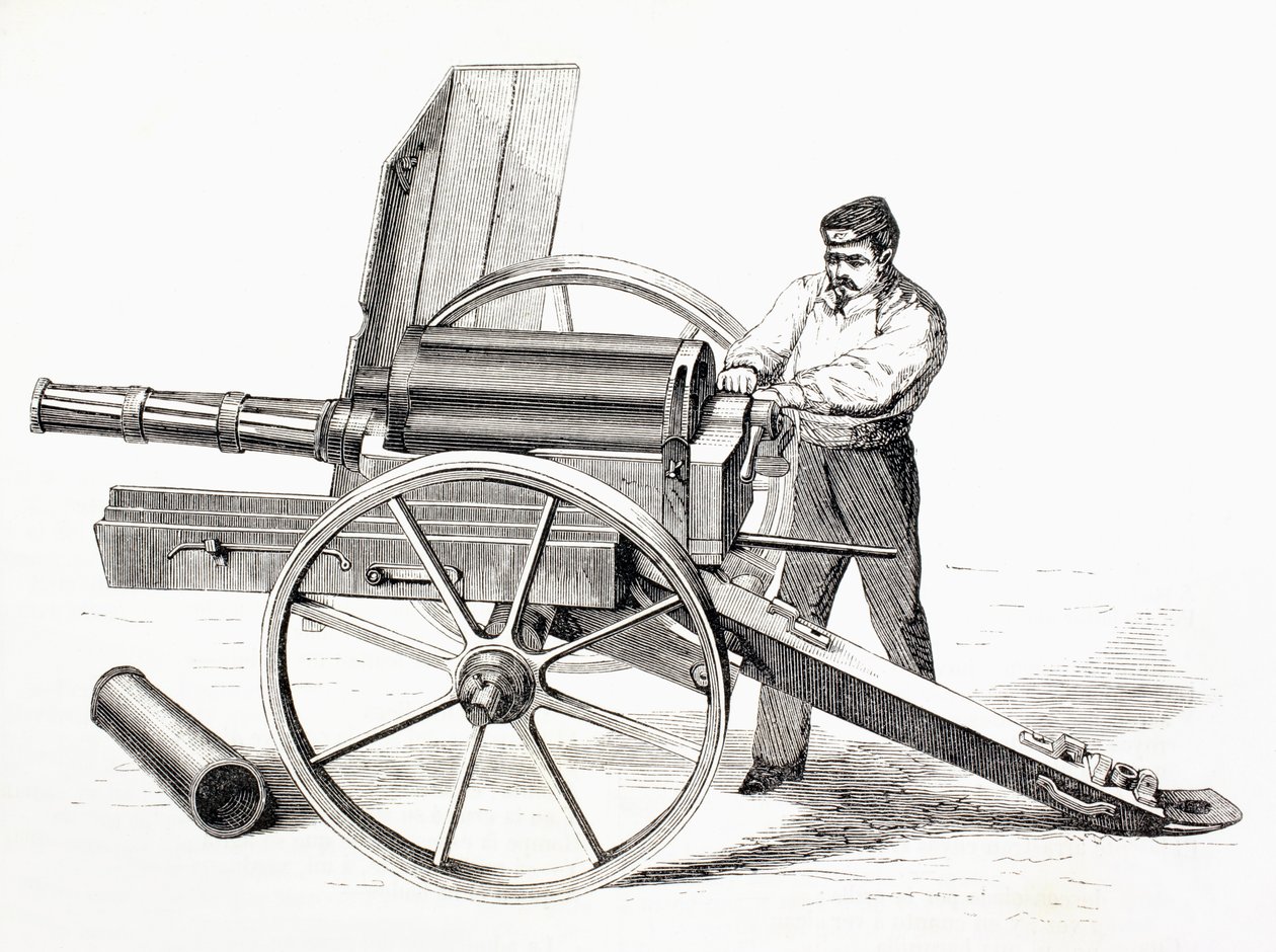 Roterende kanon patentert av J. A. de Brame i 1861, fra 