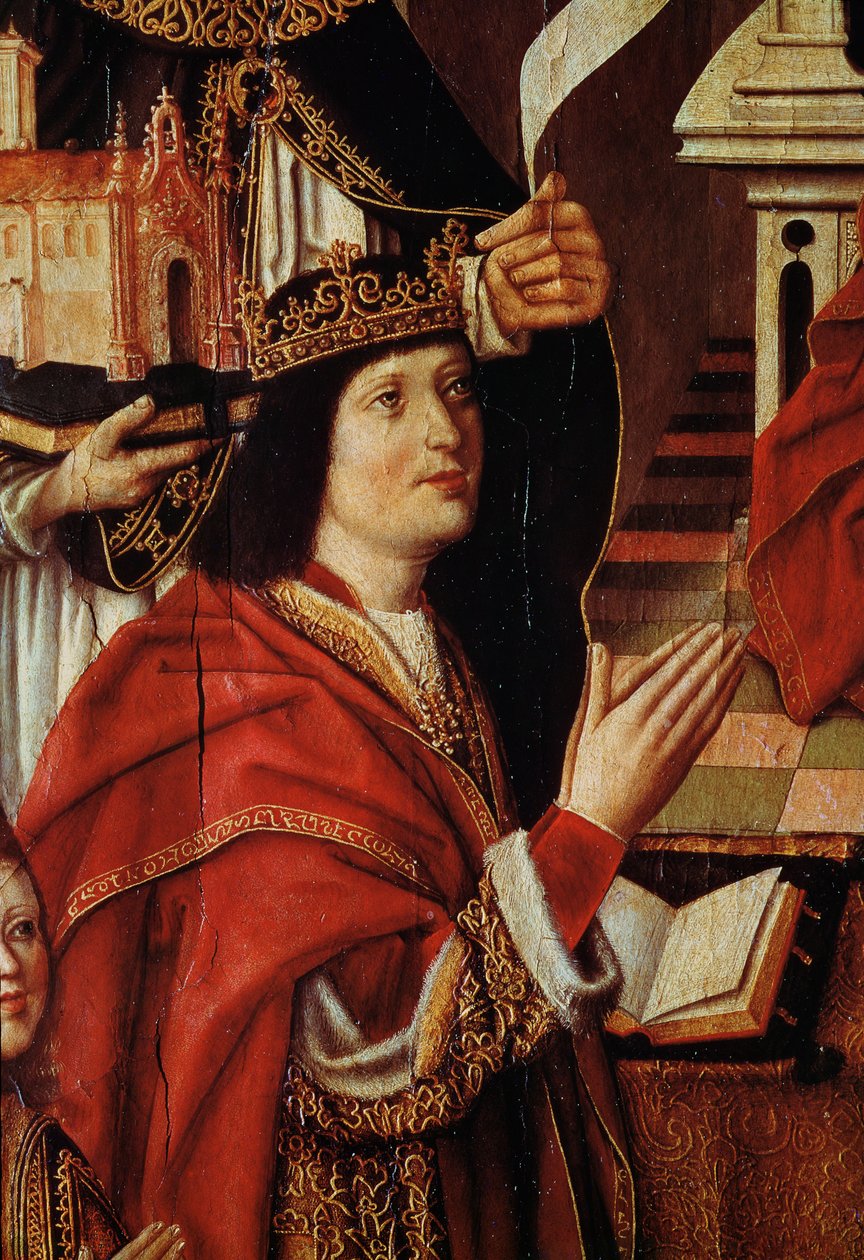 Jomfruen til de katolske konger, detalj som viser kong Ferdinand av Spania (1452-1516) ca. 1490 (se også 60603) av Spanish School