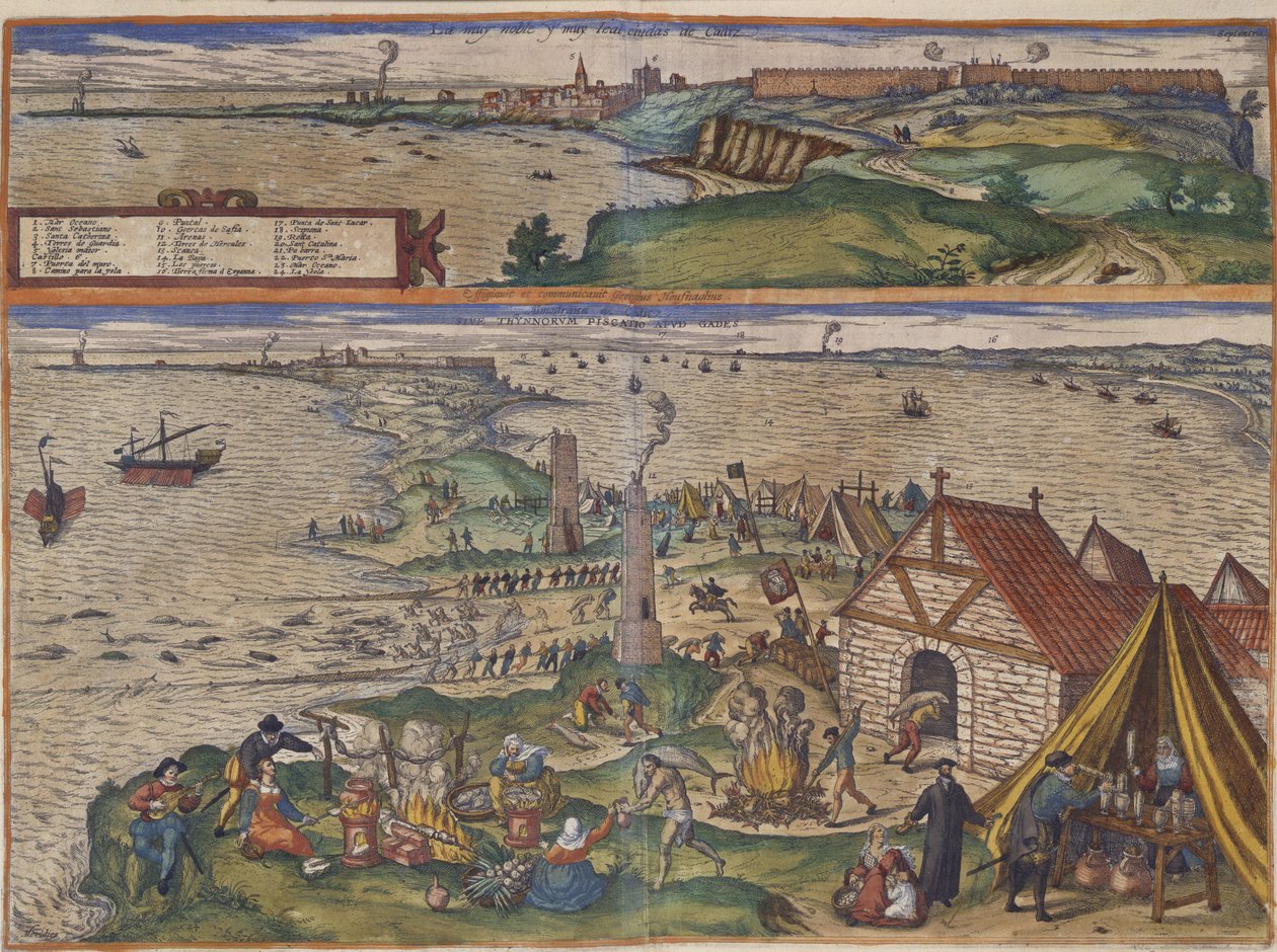 Utsikt over Cadiz (håndfarget gravering) av Spanish School