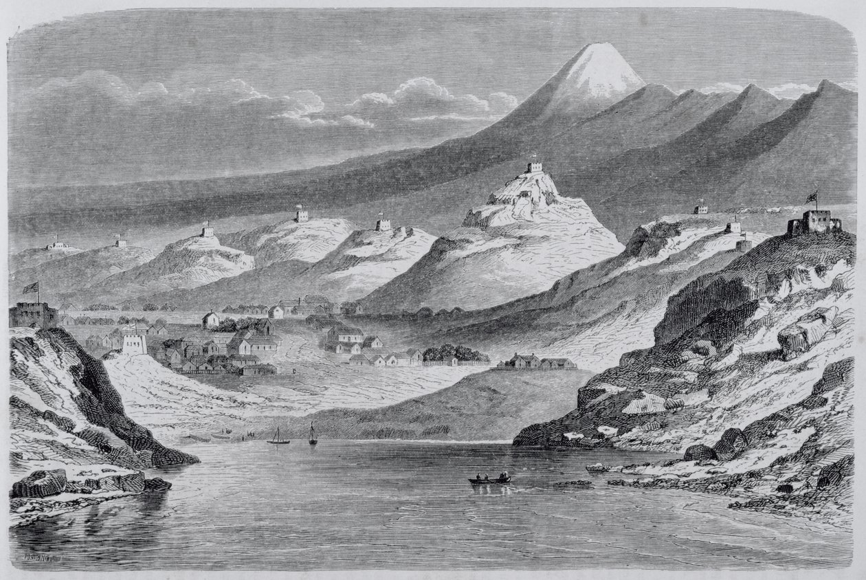 Utsikt over New Plymouth og Mount Egmont, illustrasjon fra The Return to the World, 1865 av Spanish School
