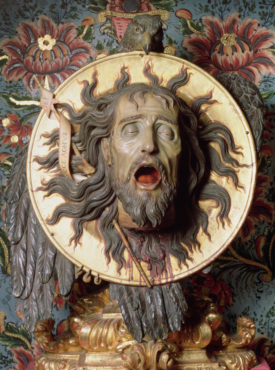 Hodet til døperen Johannes (polykromt tre) av Spanish School