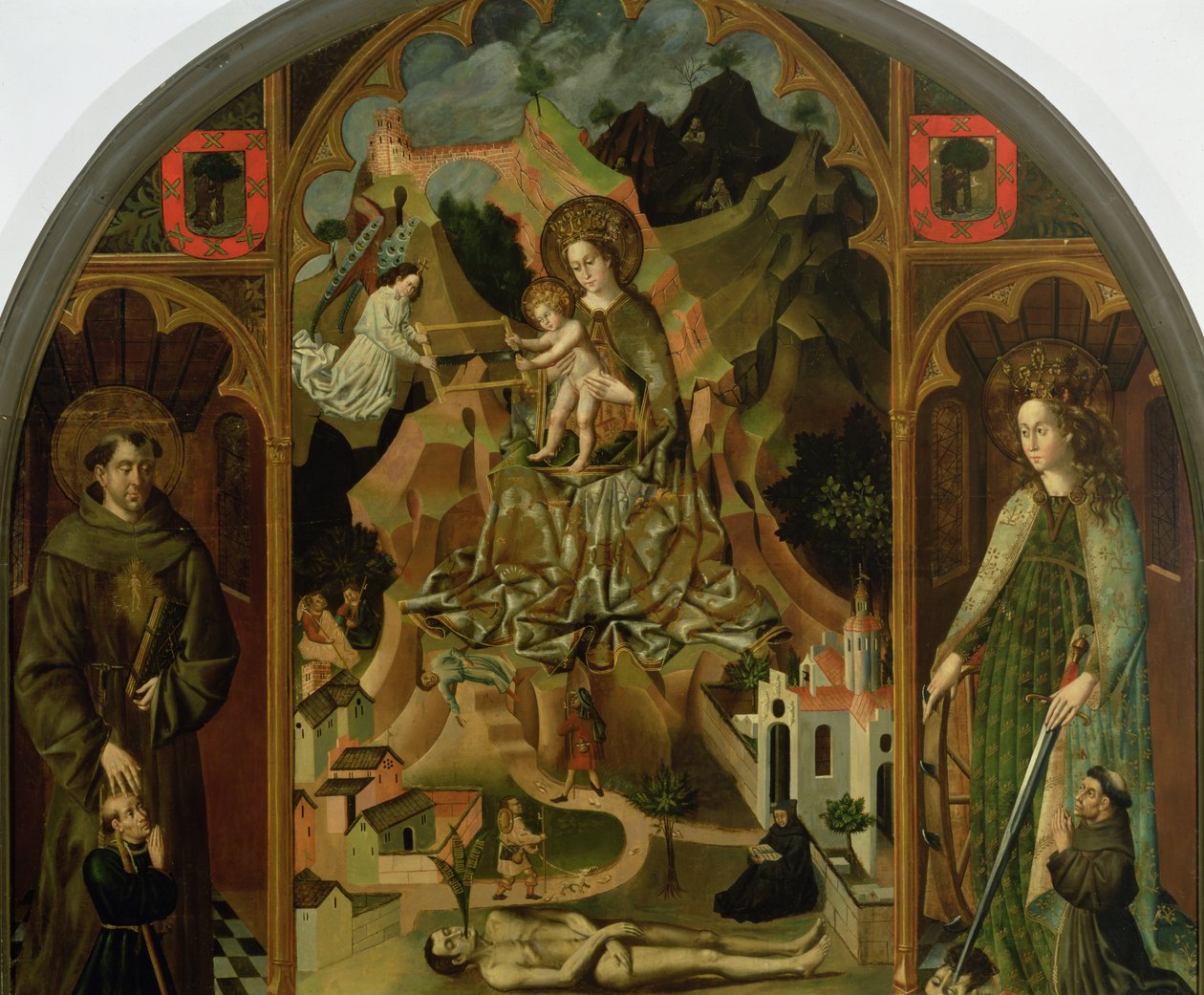 Jomfruen av Montserrat med landskap (panel) av Spanish School