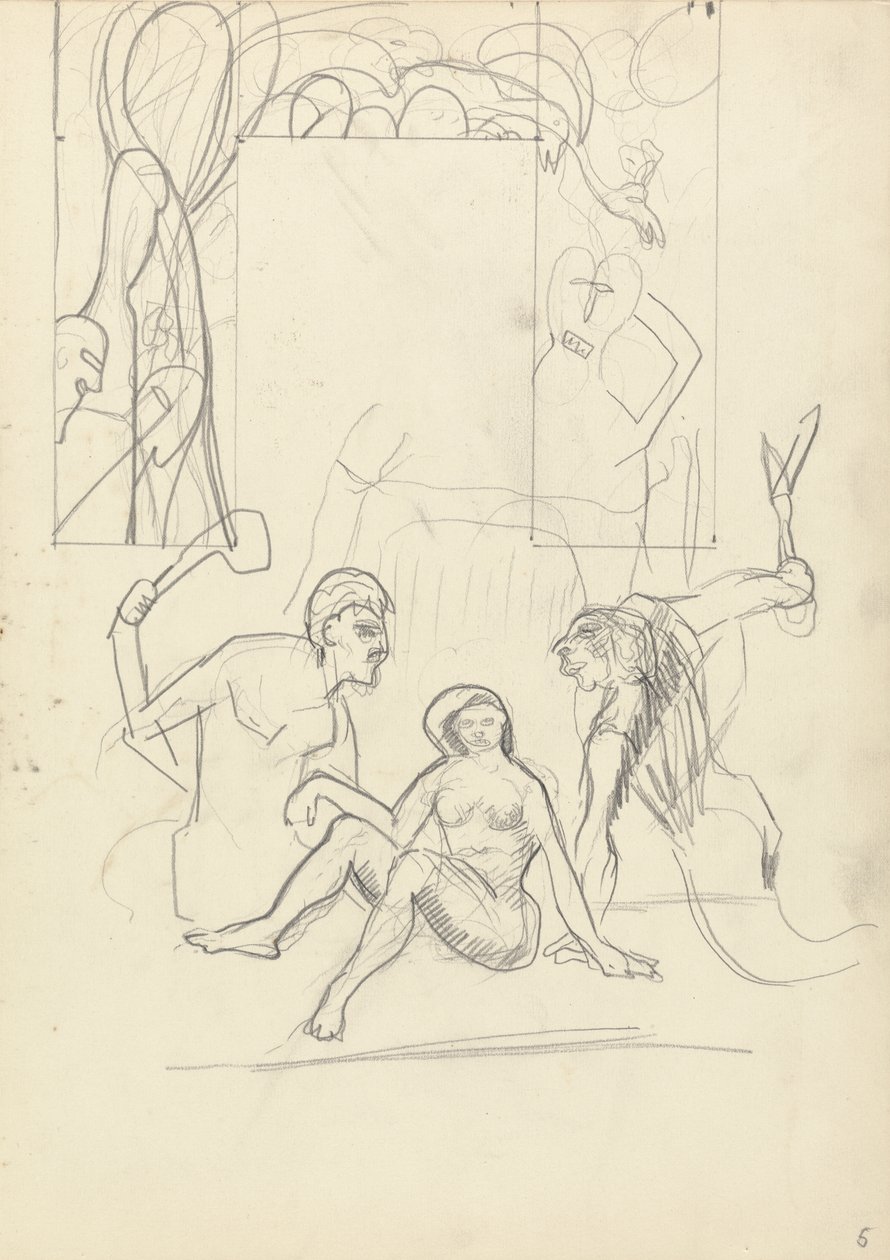 Design for en dekorativ døråpning: Primitive People, for the Cave of the Golden Calf (grafitt) (se 265070 for verso) av Spencer Frederick Gore