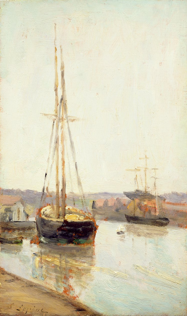 Båter på en kanal (olje på tre) av Stanislas Victor Edouard Lepine
