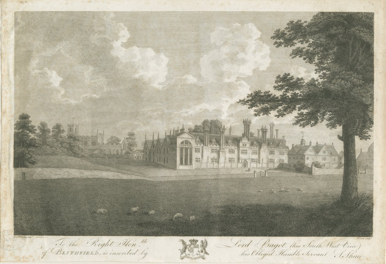 Blithfield Hall: gravering, og [1700-tallet] av Stebbing Shaw