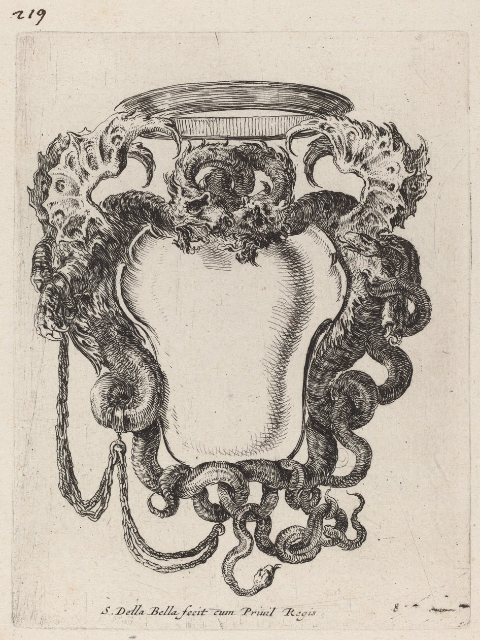 Cartouche flankert av drager, 1647. av Stefano della Bella
