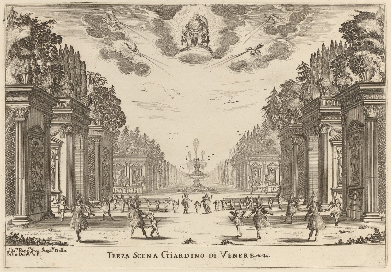 Tredje scene Venus hage, 1637. av Stefano della Bella