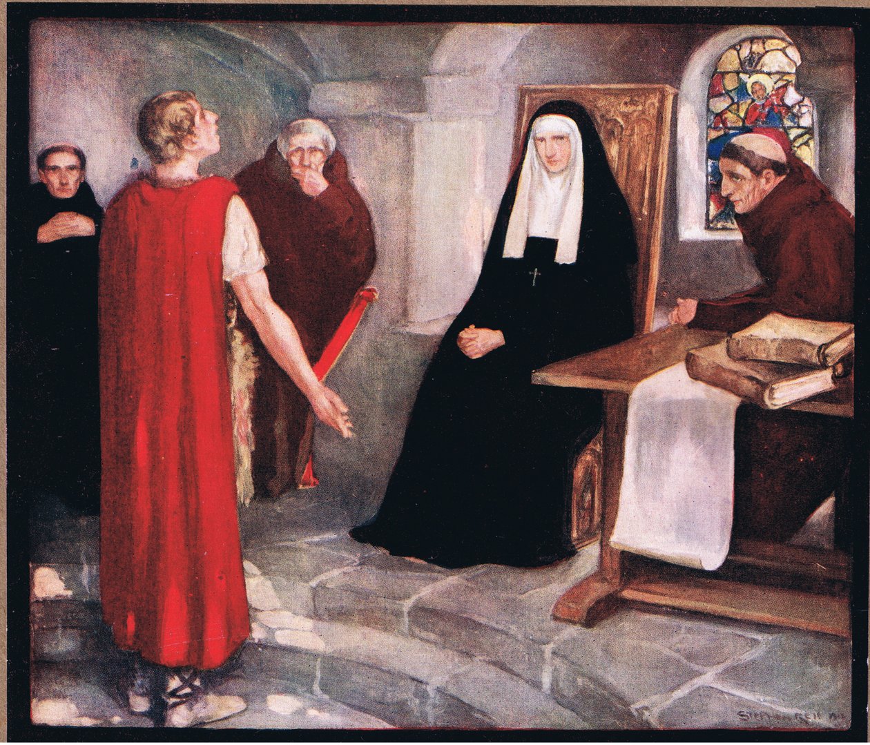 Caedmon før Saint Hilda (farge litho) av Stephen Reid