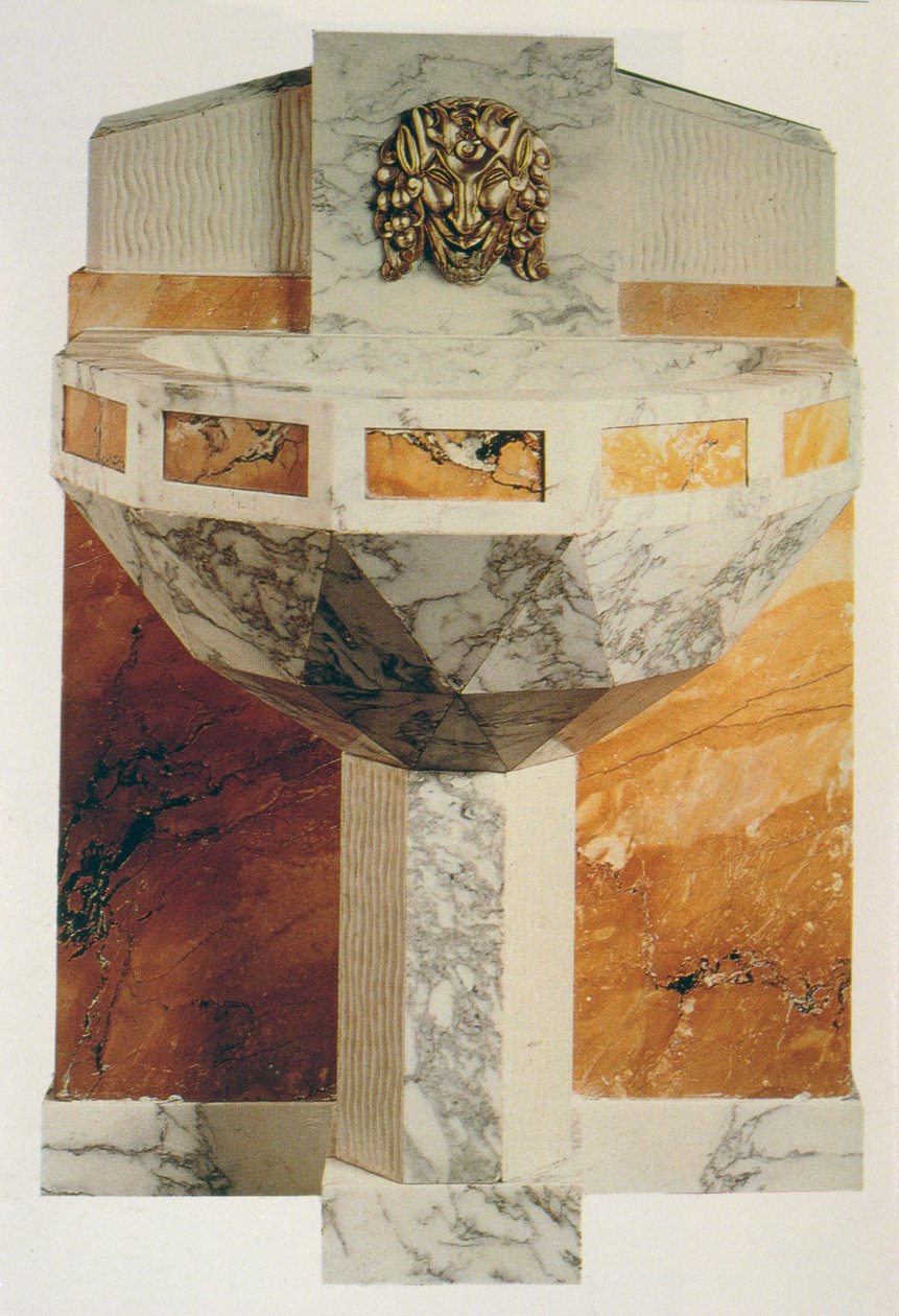 Veggfontene dekorert med maske av en satyr i forgylt bronse, ca. 1925 (marmor) av Sue et Mare