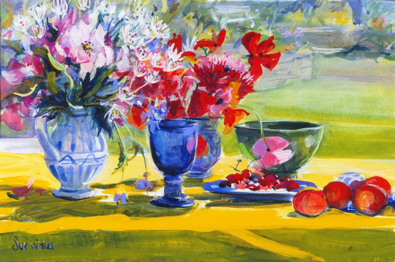 Midtsommerblomster på hagebord, 1993 av Sue Wales