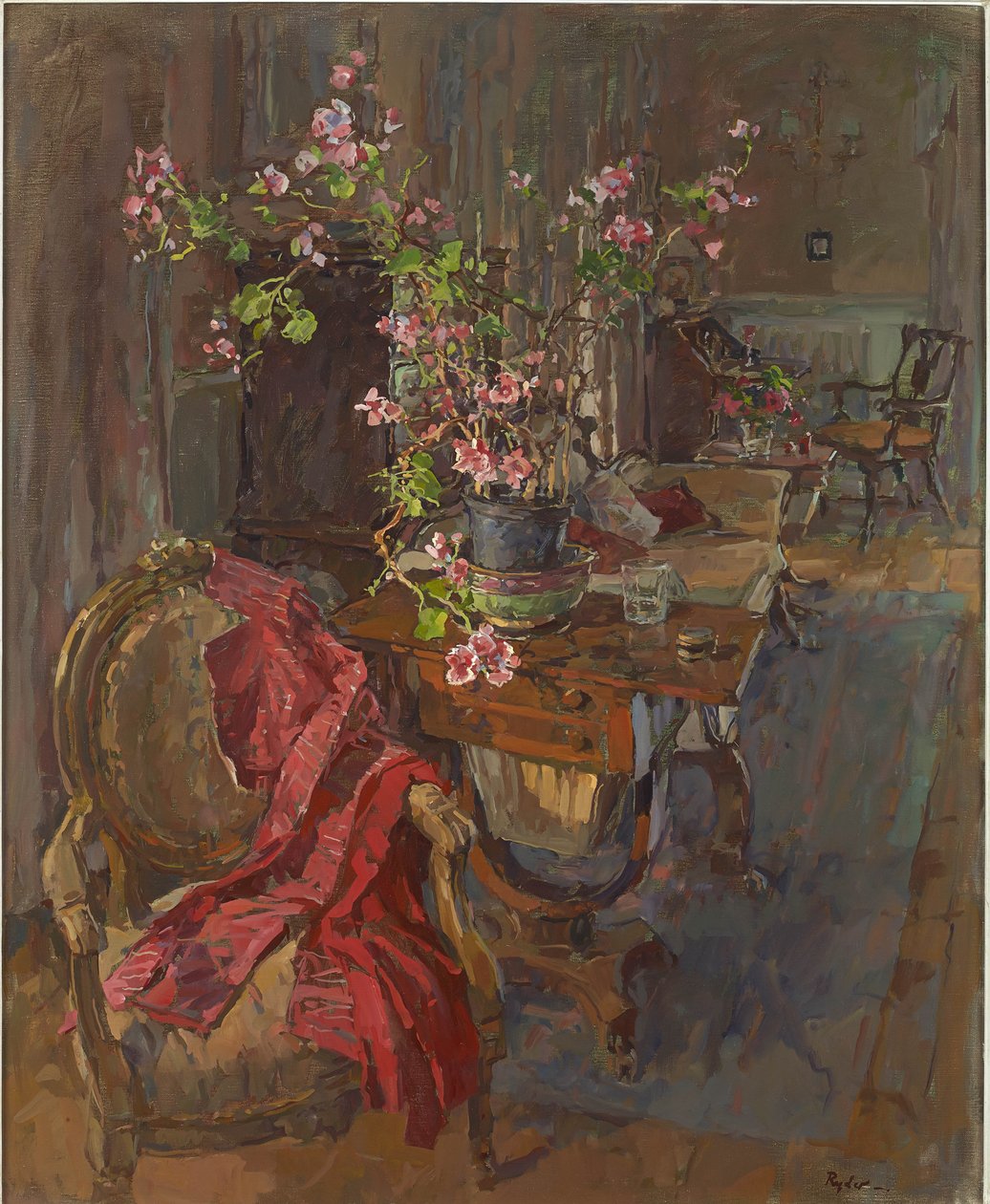 Rød frakk med geranium av Susan Ryder