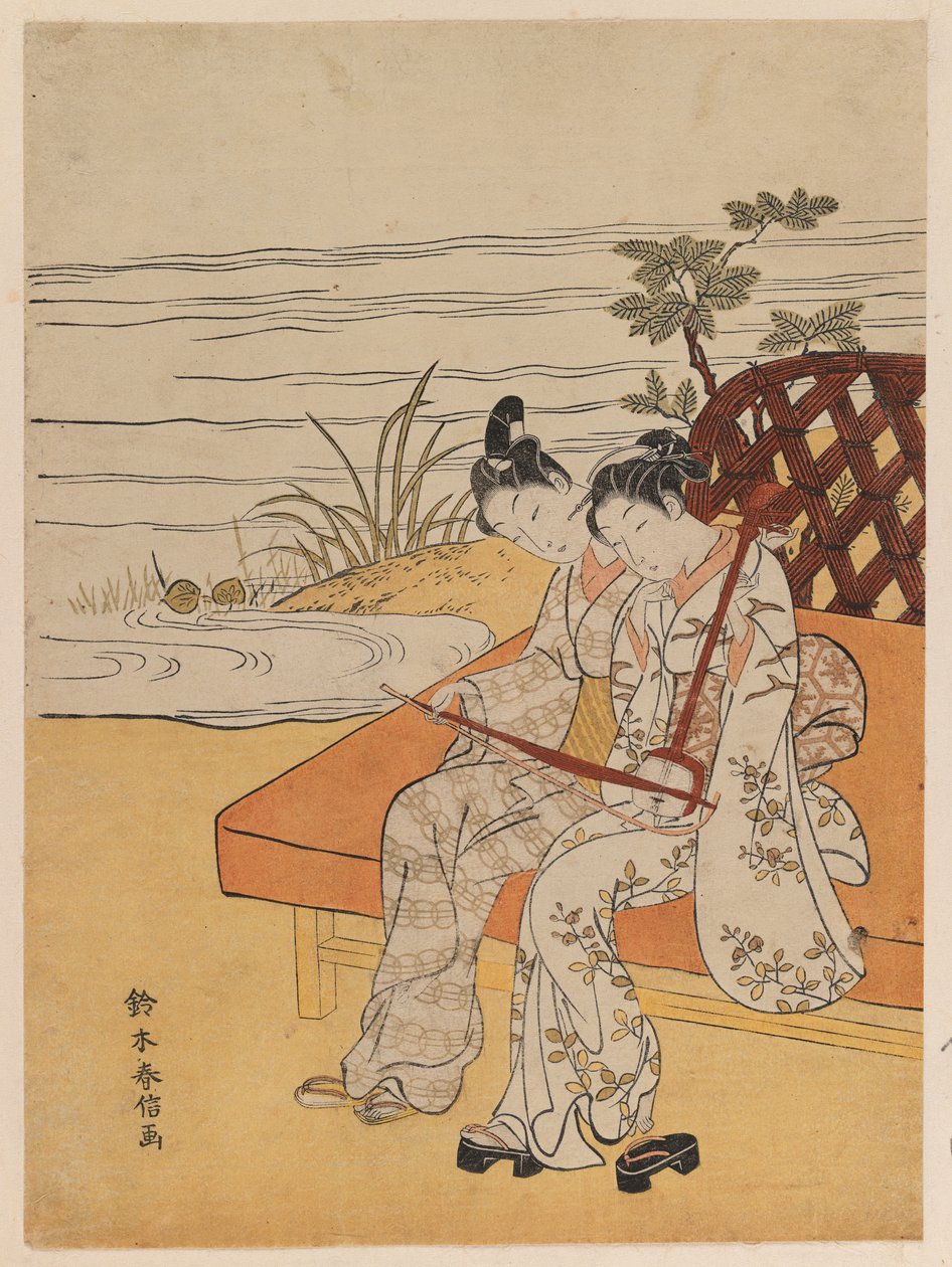 Spaserende Kokyu-spillere, ca. 1765 (treblokktrykk i farger) av Suzuki Harunobu