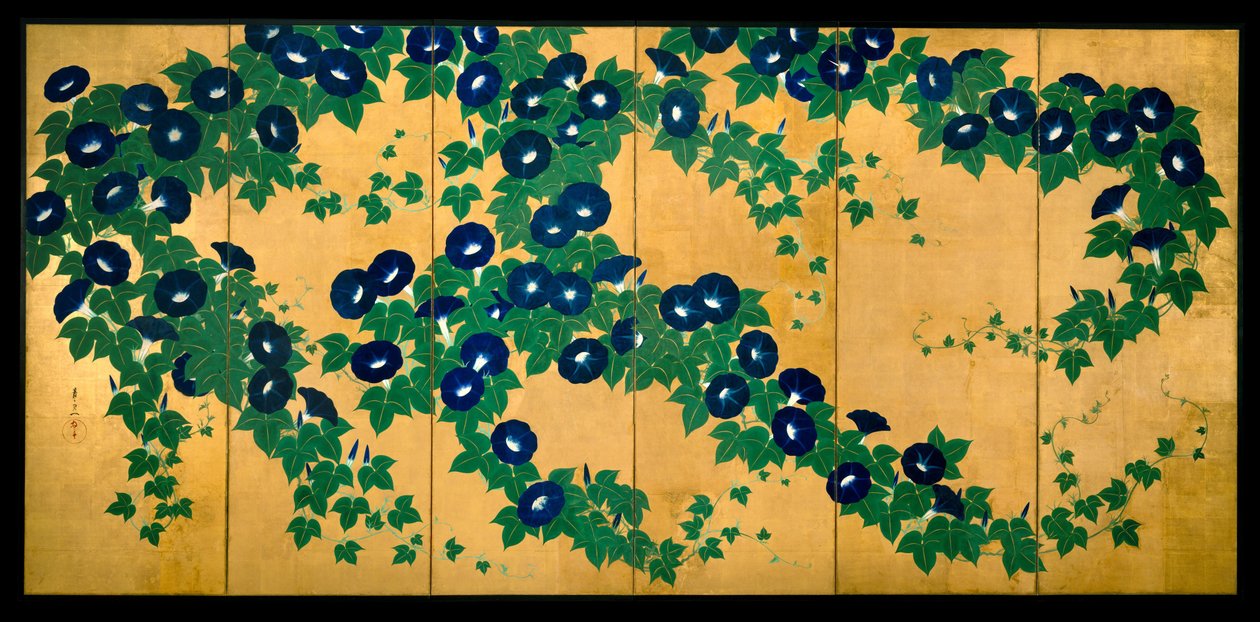 Morning Glories, tidlig på 1800-tallet (blekk, farge og bladgull på papir) av Suzuki Kiitsu