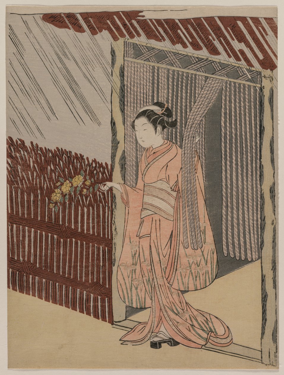 En jente som kler seg i rosa av Suzuki Harunobu