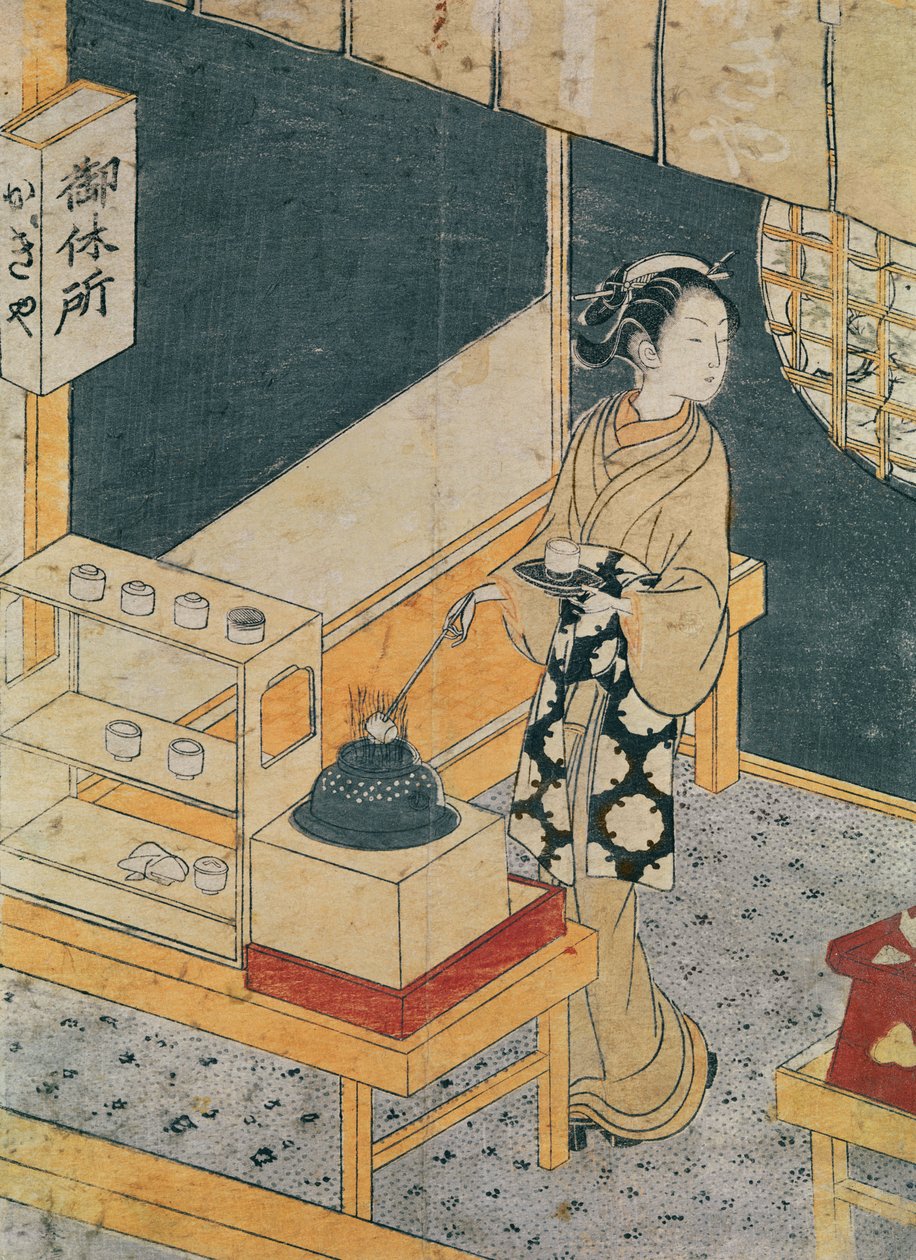 Servant Making Tea (farget treblokktrykk) av Suzuki Harunobu