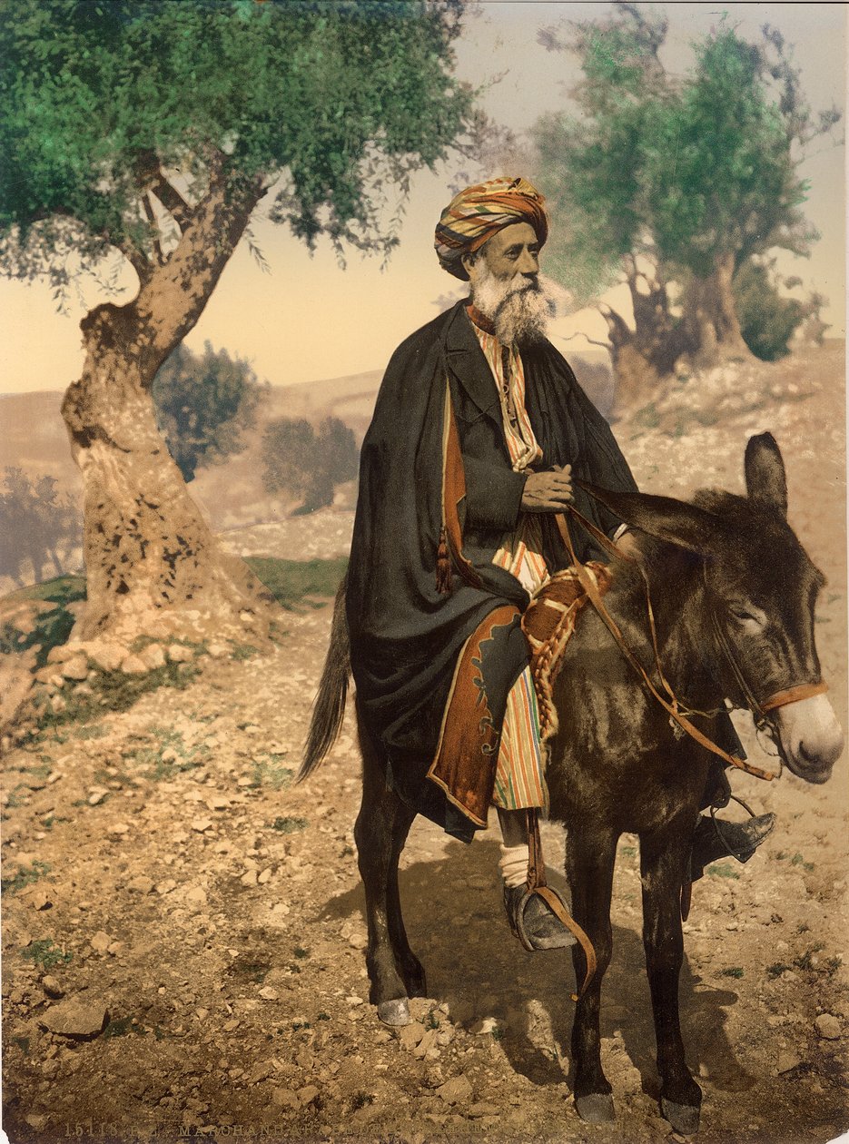 Arabisk mann fra Betlehem på eselet sitt, ca. 1880-1900 (fotokrom) av Swiss Photographer